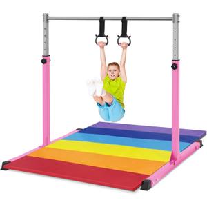 Safly Fun Gymnastics Bar for Kids Ages 3-15 for Home - Steady Steel Construction, Anti-Slip, Easy to Assemble, 3' to 5' Adjustable Height (Pink with Mat)