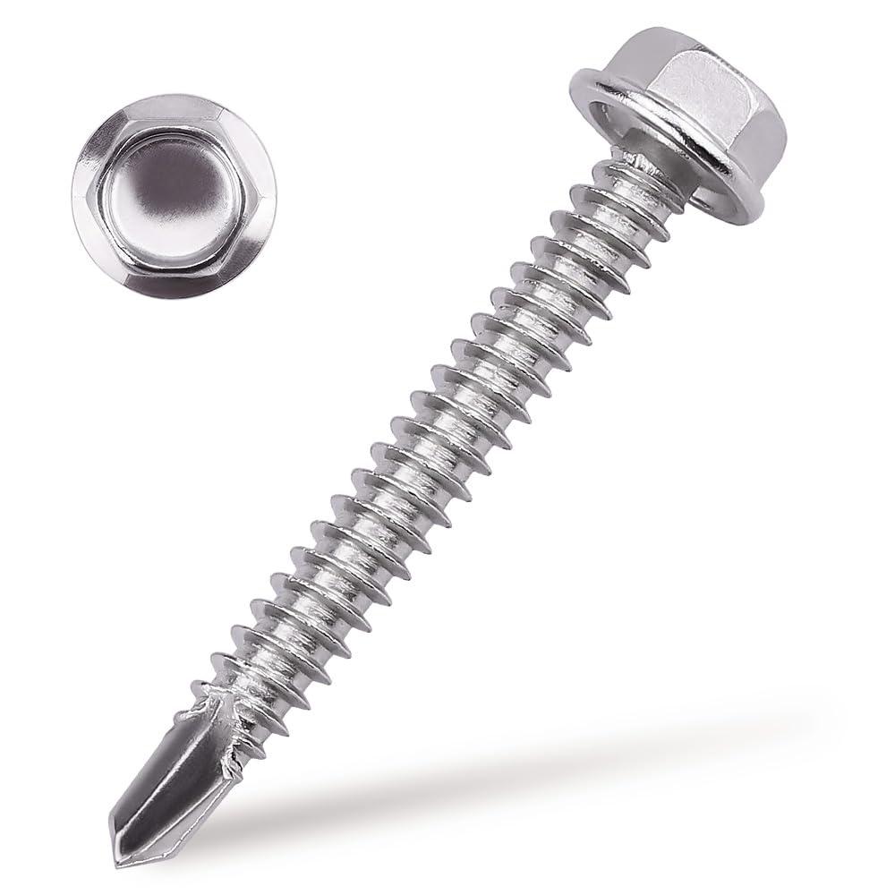 #12 x 2 (50 pcs) Hex Washer Head Self Drilling Screws, 410 Stainless Steel Metal Sheet Tek Screws, Self Tapping Point, No Pre-drilled Hole Needs