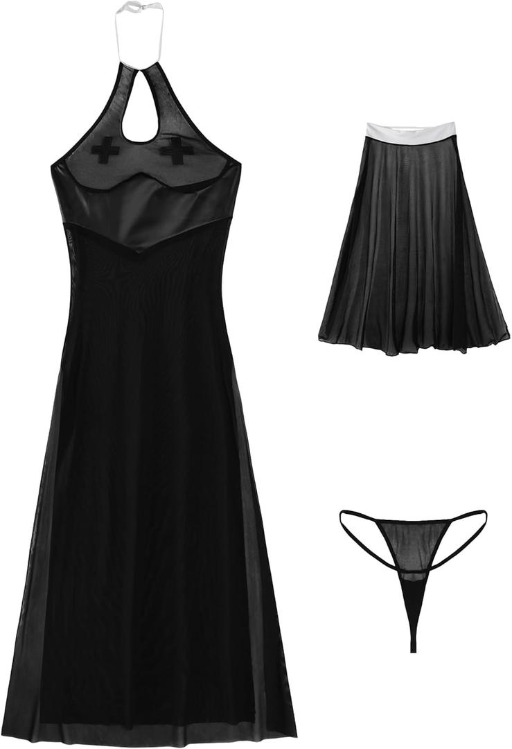 Hilinker Womens Sexy Sheer Lingerie Dress Set Long Mesh Leather Patchwork See Through Chemise Nightgown Black Small (Black, S)
