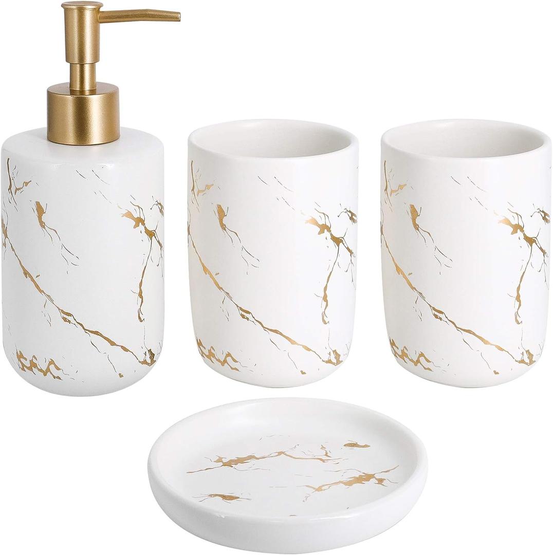 White Marble Ceramic Bathroom Set (4-Piece) - Elegant Soap Dish, Gold Pump Dispenser & Tumblers for Vanity, Sink & Bathroom Decor
