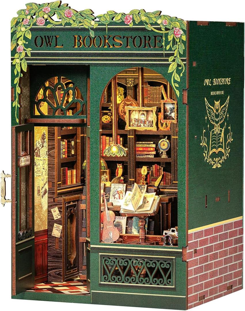 CUTEBEE Book Nook Kit - DIY Miniature House Kit for Adults, Teens and Beginners, Dollhouse Booknook Library Tiny House Bookshelf Decor 3D Wooden Puzzle, Gifts for Family, Friends (Owl Bookstore)