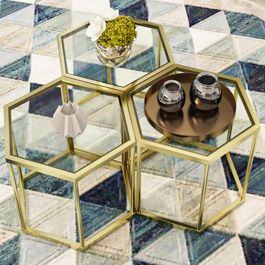 Gold Coffee Table Glass Modern Coffee Table, Hexagon Free Combination Glass Center Table Small End Tables with Metal Frame for Living Room Set of 3