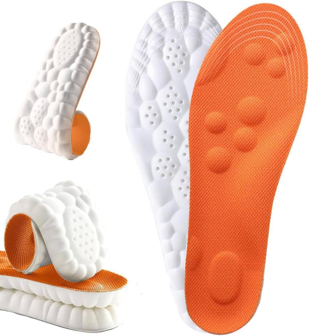 4D Cloud Insoles for Men Women, Breathable Memory Foam Cloud Massage Insoles,Arch Support & Cushioned Comfort,Relief Foot Pain,Trim to Fit All Shoe Types(1 Pairs-Orange, Men 12-13/Women 14-15)