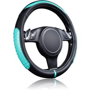 Flying Banner car Steering Wheel Cover Gel Massage Velvet Cool Warm Universal Size 15 inches SUV Truck Anti Slip Odorless Summer Winter (Black Mint Blue, Gel Massage)