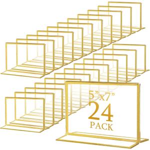 Hoteam 24 Pack 7 x 5 Clear Acrylic Sign Holder with Gold Borders, Gold Picture Frame, Double Sided Wedding Table Number, Acrylic Menu Stands for Wedding Table, Restaurant Sign, Photos Display