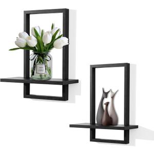 PHOENANCEE Square Floating Shelves, Plants Shelf Black, Framed Wall Plants Holder Decorative Modern Chic Wall Decor Set of 2 for Living Room Bedroom Bathroom Home Office, Solid Wood, L+S