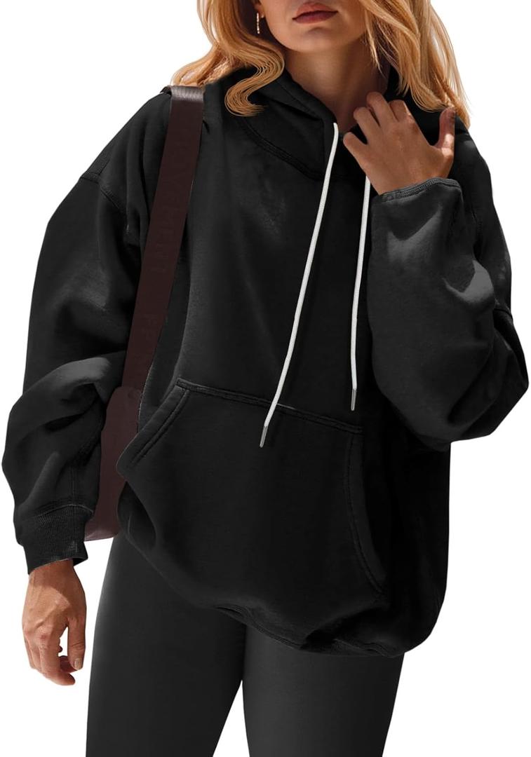 Fisoew Womens Casual Oversized Hoodies Loose Fit Long Sleeve Drawstring Pullover Hooded Sweatshirts 2025 Fall Winter Outfits (Black, L)