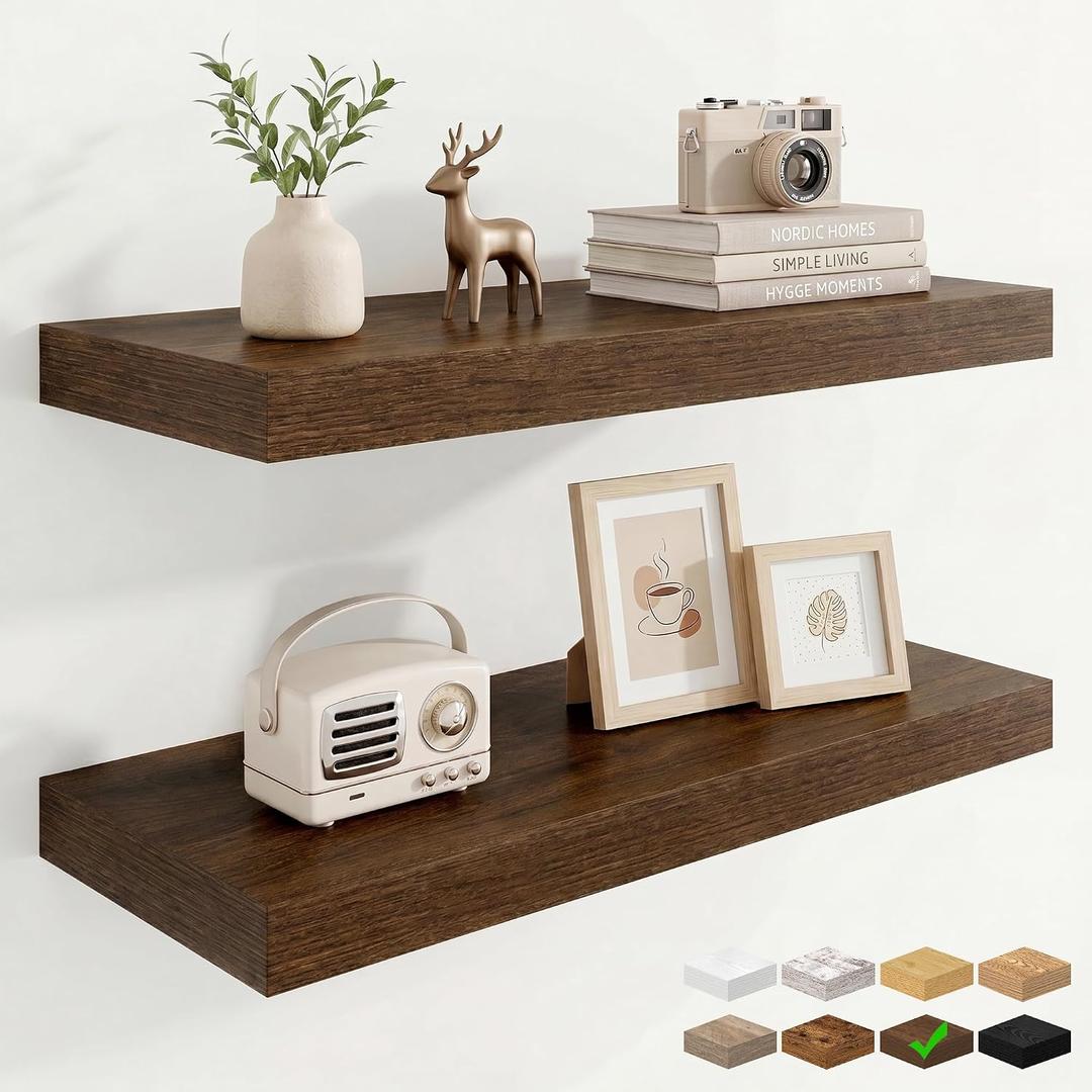 Marsmiles 9.25in Depth 24in Floating Shelves, 24x9.25x1.4, Walnut, Set of 2
Wall Mounted Engineered Wood Shelves, Invisible Brackets for Living Room, Bedroom, Bathroom, Kitchen Decor and Storage