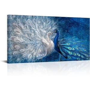 OuElegent Peacock Canvas Wall Art Blue and White Peacock Couple Painting Pictures Elegant Animal Artworks Romantic Kiss Artwork for Living Room Bedroom Wall Decor Ready to Hang 24"x48"