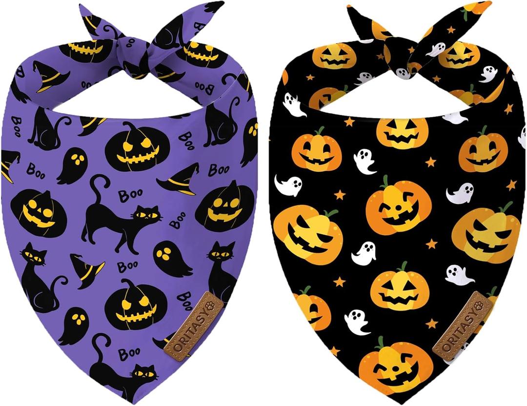 Halloween Dog Bandanas for All Dogs (2-Pack Triangle Reversible Pet Scarves) (Pumpkin Cats Boo) Premium Fabric Holidays Bandana, Purple X-Large Y