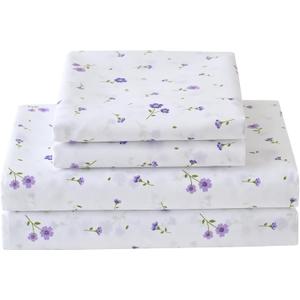 Softan Purple Floral Twin Size Sheet Set, 3 Pieces Microfiber Single Bed Sheets for Girls, Cozy Fitted Sheet with 15" Deep Pockets & Non-Slip Straps, Cute Purple Flower Sheets & Pillowcase Set