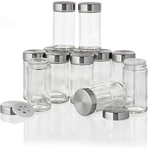 Kamenstein Clear Reusable 3 Oz Jars With Stainless Steel Shaker Lids, And Twist-On Caps For Airtight Seals 12 Pk (Set of 12, Silver)