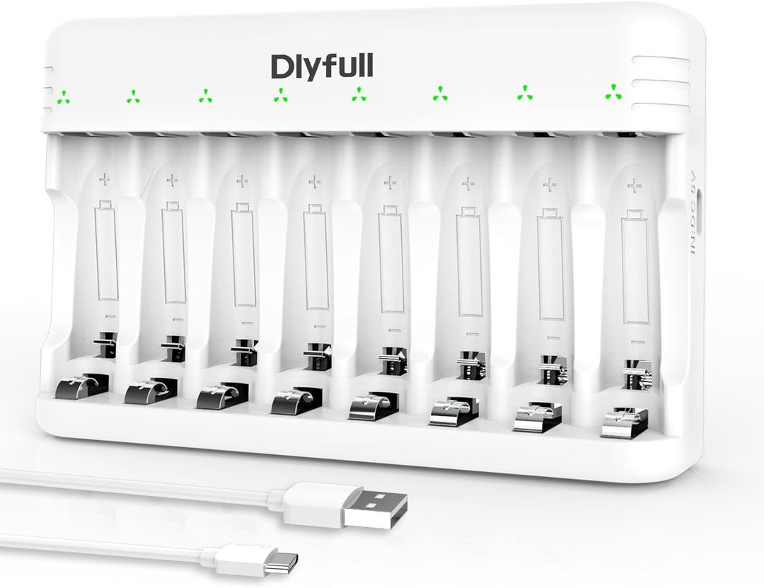 Dlyfull 8 Bay AA AAA Battery Charger with USB-C High-Speed Charging, Independent Slot for 1.2V Ni-MH Ni-CD Rechargeable Batteries, Cable Included
