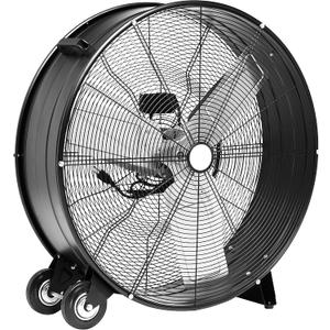 Amazon Basics 30" 300W High-Velocity Heavy-Duty Industrial Drum Fan for Cooling, Metal Housing, UL-Certified Safety Compliance, 2 Speeds, High CFM Up to 12,480, 5.9-ft Power Cord, 2 Wheels, Black
