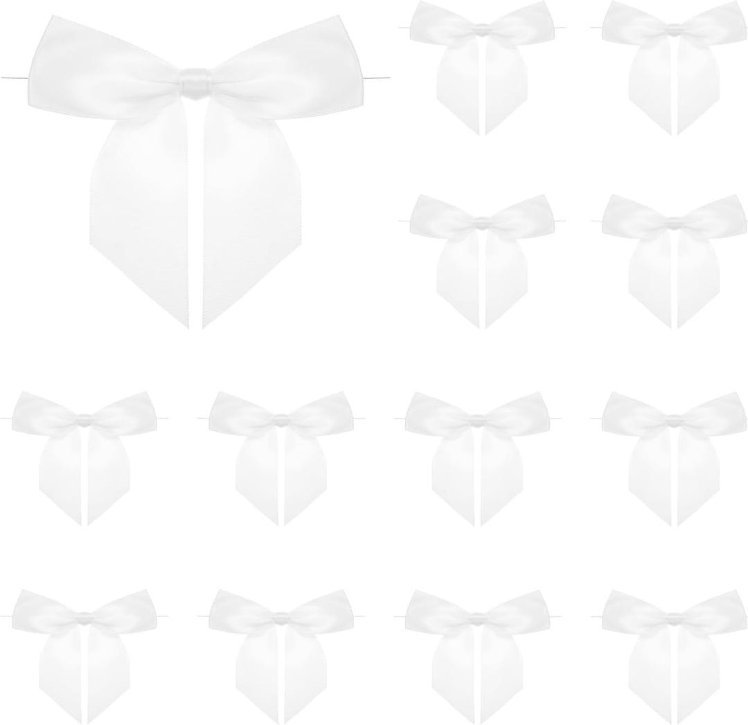 MECCANIXITY 50 Pcs Pre-Tied Bows Satin Ribbon Bows 4.5" Twist Ties Gift Bows for Craft DIY Candy Bags Christmas Wedding Decor Party Treat Bags White