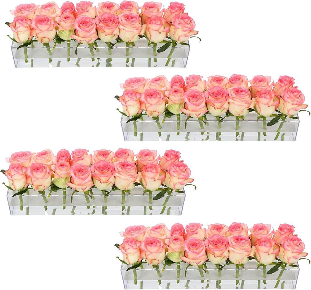 4 Pack Clear Acrylic Flower Vase Centerpiece for Dining Table,63.2 Inch Rectangular Floral Low Vases with 64 Holes for Dining Table Modern Flower Arrangement for Home Decor or Weddings