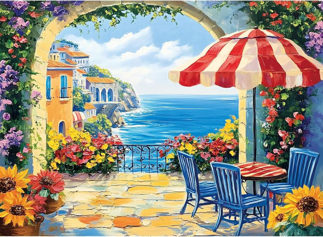 300 Pieces Jigsaw Puzzles for Adults, Seaside Flowers Puzzle for Adults Children Seniors, Oil Painting Style Puzzle 300 Pieces, Gift for Birthday, Home Decor, Fun for Family Entertainment(20.5*15 In)