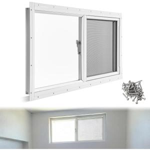 Kathfly 2 Pack Basement Home Window 32" x 14" Mini Basement Windows Replacement with Glass Block Screen and Screws for Home Sheds Barns (White)