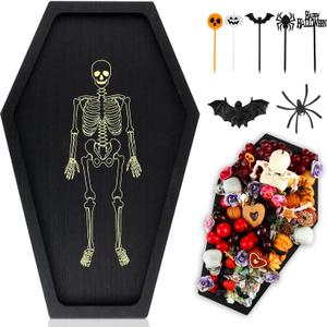 32 Pcs Halloween Coffin Charcuterie Board Gothic Wooden Serving Tray Halloween Cutting Board Table Decoration Set Includes Coffin Tray 16" Skeleton Plastic Bats Spiders Fruit Picks