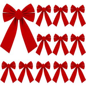 Sggvecsy 12 Pcs Christmas Red Bow Christmas Wreath Bows Christmas Velvet Bows Large Xmas Tree Ornaments Xmas Decoration Handmade Crafts for Home Outdoor Indoor Party (9.8 x 15.7 Inches)