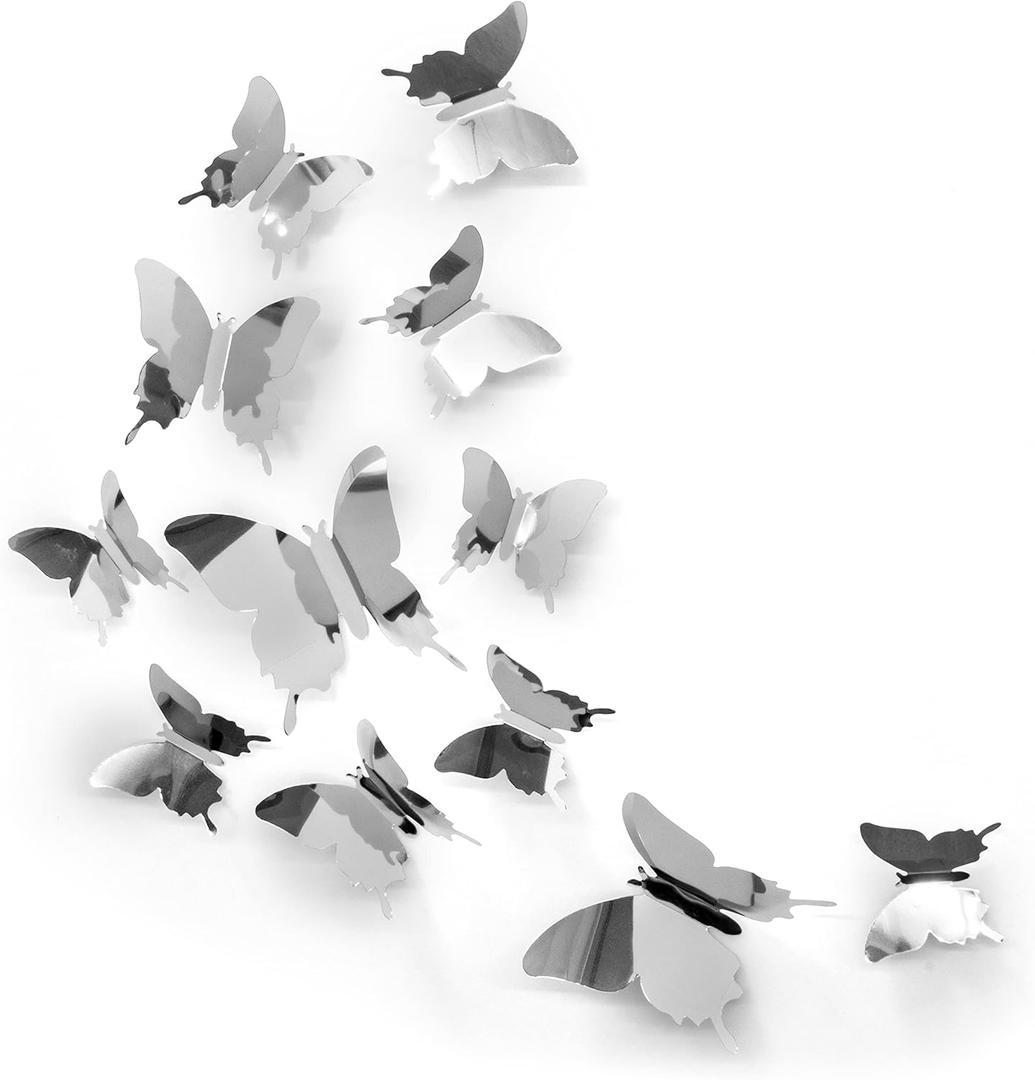 Silver Butterfly Wall Decals - 24 Pcs, Bedroom Wall Decor, Aesthetic Butterflies Stickers for Room Decor