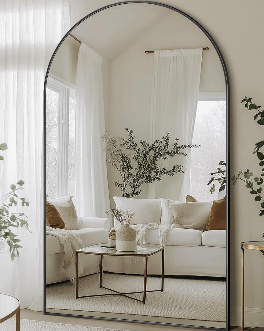 Full Length Mirror, 76"x44" Floor Mirror Freestanding, Oversized Floor Standing Mirror Full Body Mirrors with Stand for Bedroom, Hanging Mounted Mirrors for Living Room, Black, Arched