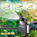 TRUPOW 1/2HP 1450GPH 115-Volt Cast Iron Portable Electric Power Utility Transfer Water Pump with Carbon Brush, Filter, Brass Connectors, for Garden, Rain Barrel, Pool, Pond, Hot Tub, Aquarium Draining