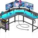 Rolanstar L Shaped Gaming Desk with LED Lights & Power Outlets, 53" Computer Desk with Full Monitor Stand & Storage Shelf, Corner Desk with Hooks, Carbon Fiber Desk Reversible (53*53*34.1 inch)