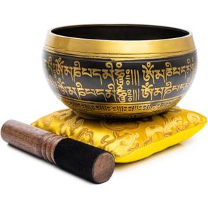 Tibetan Singing Bowl Set - Easy To Play Authentic Handcrafted For Meditation Sound Bowl Chakra Yoga Healing 4 Inches By Himalayan Bazaar (Black & Yellow)