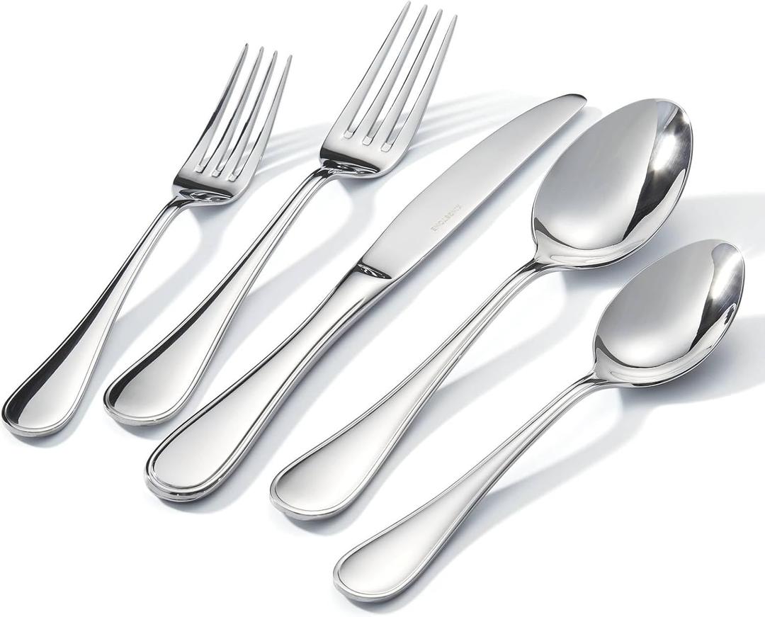 KINGSTONE 60 Piece Teardrop Silverware Set for 12, 18/10 Stainless Steel Flatware Set, Modern Design Cutlery Set for Home/Hotel/Wedding,Mirror Polished and Dishwasher Safe