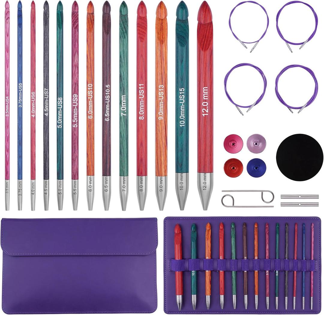 BsHooker Tunisian Crochet Hooks Set with Cable,Interchangeable Wooden Crochet Hooks with Case,13 Hooks 3.5mm-12mm Ergonomic 27PCS