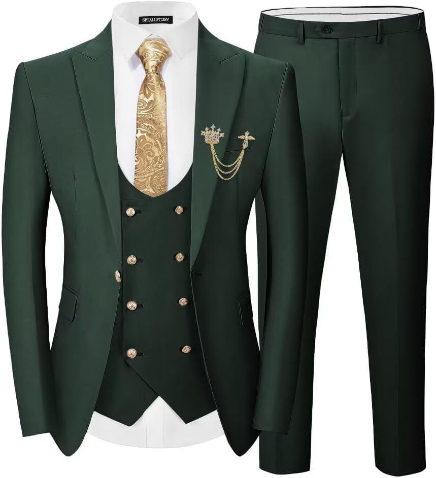Men's 3 Piece Suits Slim Fit, Blazer Double Breasted Vest and Pants, Wedding Prom Business Suit with Gold Button (Large, Dark Green)