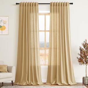 Gold Yellow Linen Curtains 108 Inches Long for Living Room 2 Panels Set Extra Long Back Tab Curtain Semi Sheer Light Filtering Gold Yellow Drapes Floor to Ceiling Curtains for Large Windows 52x108