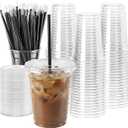 WUHUIXOZ [200 Sets - 12oz Plastic Cups with Lids and Straws, Disposable Cups for Iced Coffee, Smoothie, Milkshake, Cold Drinks - Clear