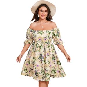 Women's Plus Size Casual Dress Square Neck Victorian Dress for Women Puff Sleeve Corset Dress Floral Dresses for Women (XXXL)