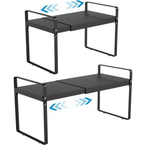 11" Deep Expandable Cabinet Organizer Shelf Riser, 14-25" Adjustable Heavy Duty Metal Pantry Storage Rack for Kitchen Cupboard, Under Sink & Countertop, 10" High Space Saver, 2-Pack Black