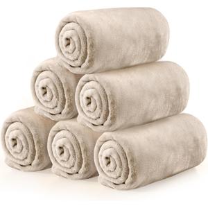 Tinideya 6 Pcs Flannel Fleece Throw Blanket Bulk 50 x 60 Inch Soft Fleece Blanket Warm Throw Blanket Coral Blankets for Couch Sofa Home Wedding Gifts Season (Khaki)