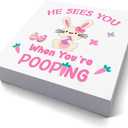 2 x Funny Easter Bunny Wooden Box Sign, "He Sees You When You're Pooping" Bathroom Decor Farmhouse Home Shelf Table Desk Decor, Wood Block Plaque Easter Decorations Gift