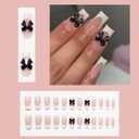 4 x 24 Pcs Pearl Shine Medium Square Fake Nails with Bow Designs, French Tip Glue On Nails, Reusable Black Bows, Full Cover Nude Artificial Nails for Women & Girls