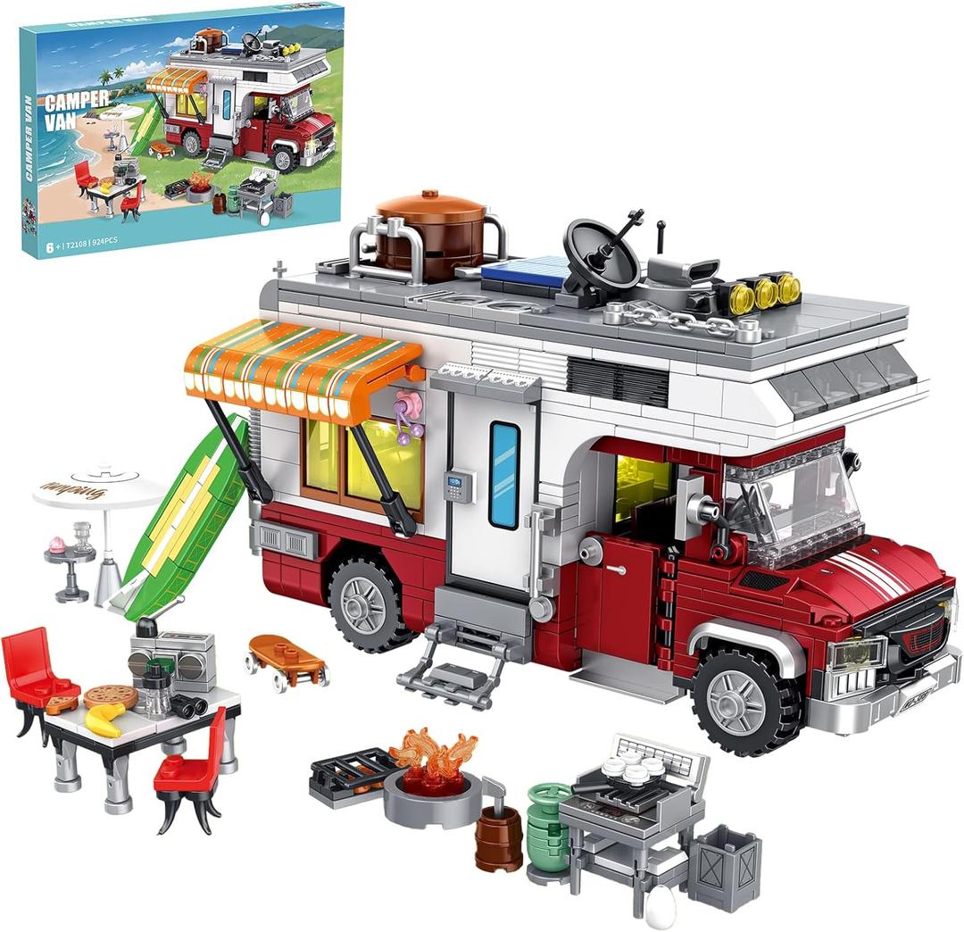 CSNRHG Camping Van Construction Toy 924 Pieces Building Block Set with Picnic Table Grill & Fire Scene Gift for Kids Teens & Vehicle Fans