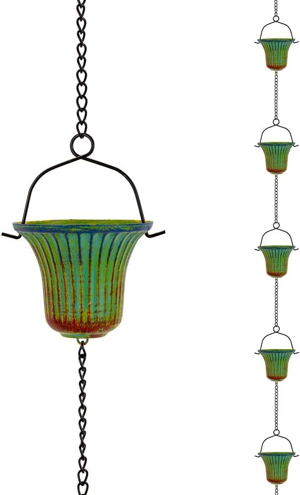 10ft Rain Chains for Outside, 12-Cup Rain Chain Replacement Downspout for Gutters,Eaves, Drainage, Adjustable Length(Green & Yellow)