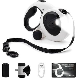 16Ft Retractable Dog Leash with LED Light, Heavy Duty Dog Leash for Small, Medium & Large Dogs Up to 66lbs, 360 Tangle-Free, Dispenser and Poop Bags