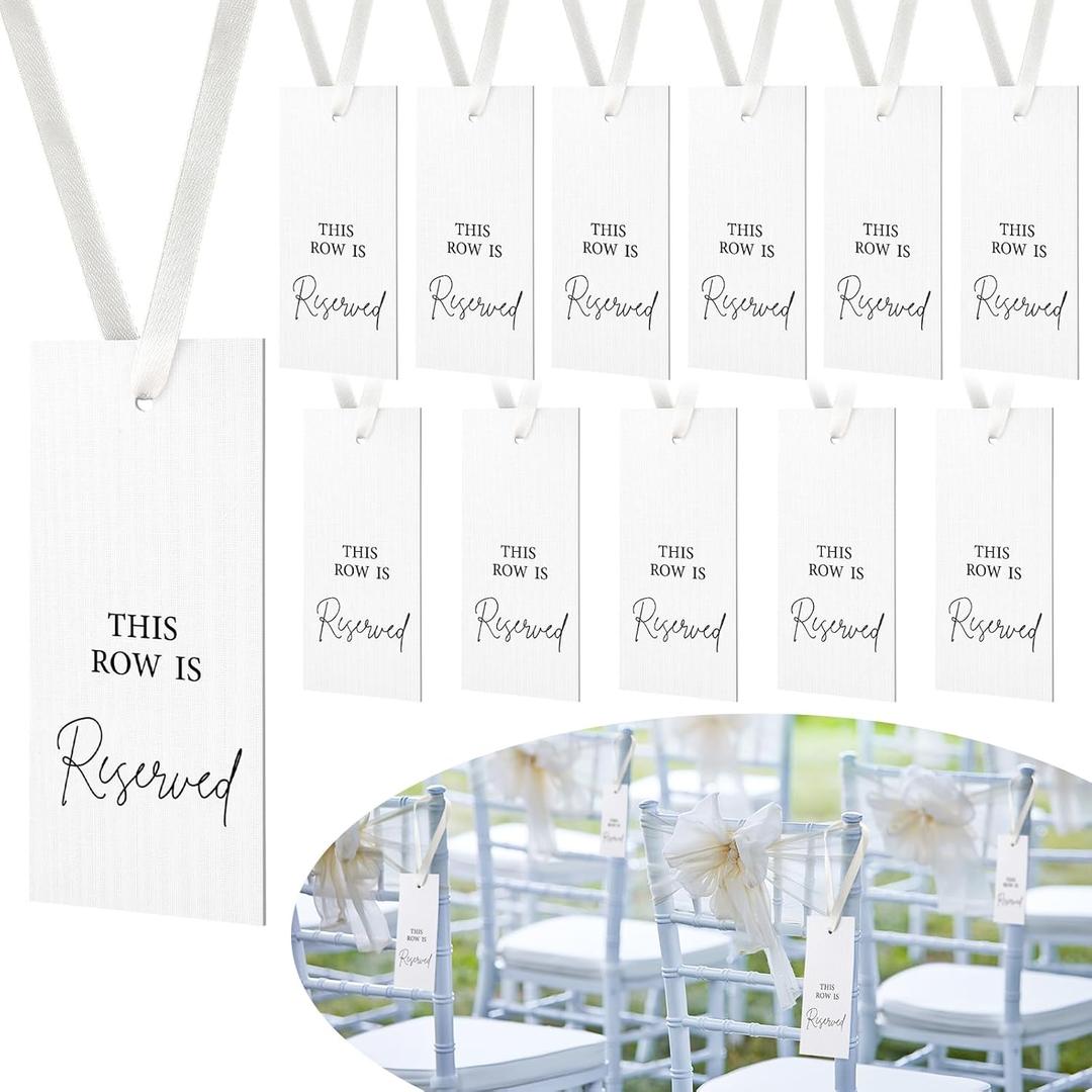 Clabby 12 Pack Reserved Chairs Signs with Ribbon for Wedding Reception Party Restaurant This Row is Reserved Signs Hanging for Wedding Church Events Pews Chair(Ivory White)