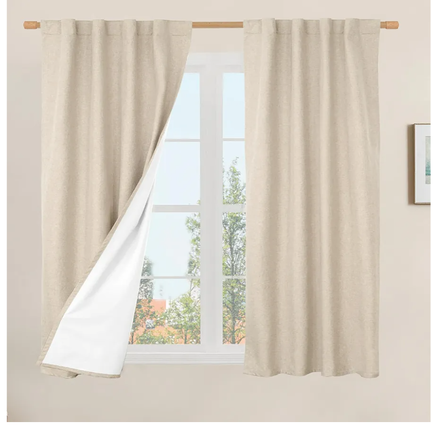 LAMIT 100% Blackout Window Curtains for Bedroom, 45 Inches Linen Textured Thermal Farmhouse Curtains Back Tab and Rod Pocket Window Panels with White Liner, 2 Panels, 38 x 45 Inch, Linen