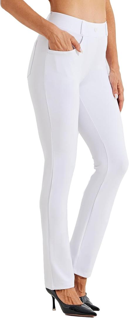 Willit 29" Women's Yoga Dress Pants Straight Leg Work Slacks Stretchy Office Casual Pants 4 Pockets Belt Loops White XS