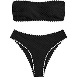 ZAFUL Women's High Cut Bandeau Bikini Set Strapless Solid Color 2 Pieces Bathing Suit Swimsuit (Large, 9-black)