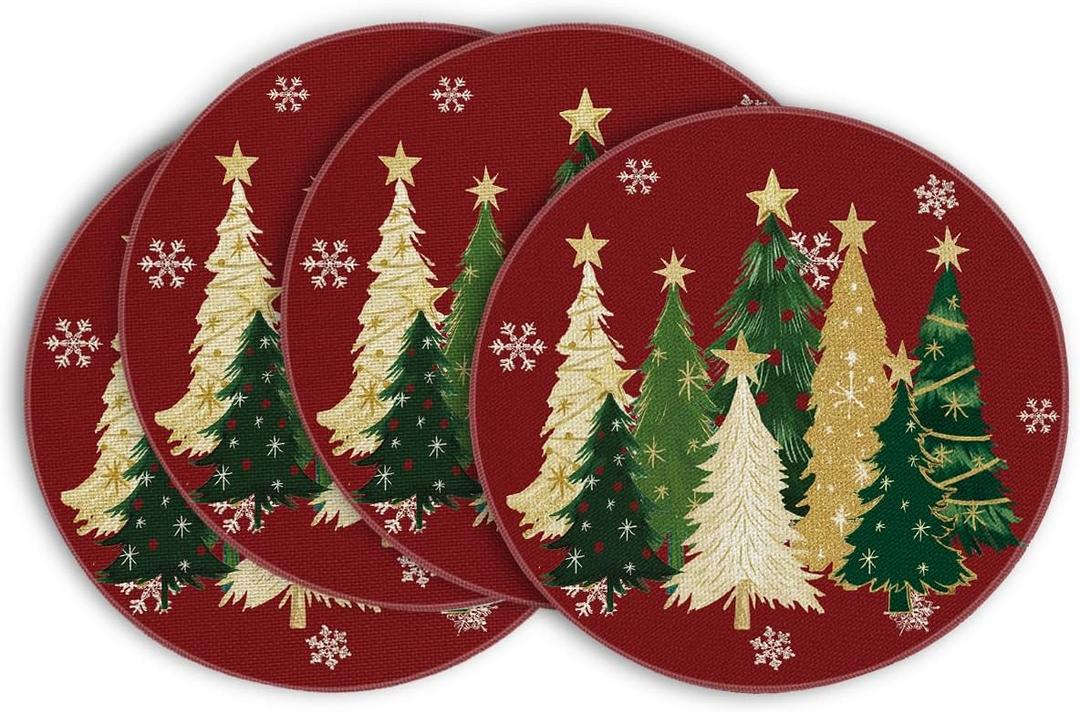 Artoid Mode Xmas Trees Snowflakes Red Round Christmas Placemats Set of 4, 14 Inch Seasonal Winter Place Mats for Gift Party Dining Table