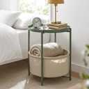 danpinera Round Side Table with Fabric Storage Basket, Metal Side Table Small Bedside Nightstand with Removable Tray for Living Room, Bedroom, Nursery, Dark Green, 17.71"D x 17.71"W x 20.4"H