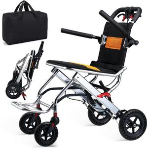 Ultra-Lightweight 19lbs Foldable Transport Wheelchair for Seniors - Portable Aluminum Travel Wheelchair with Carrying Bag, Supports 220lbs Capacity