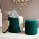 Royal Windsor Round Ottoman with Storage Set of 2,Vanity Stool with Storage for Bedroom, Ottoman Coffee Table, Small Velvet Foot Stool for Living Room, Green, 14.8"D x 14.8"W x 17.3"H